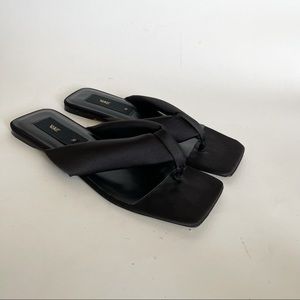 ZARA Black Satin Effect Padded Square Toe Flat Thong Sandal 8